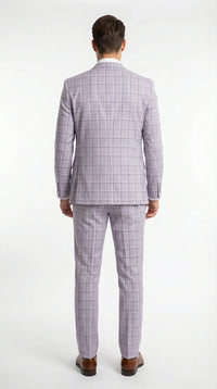 Men’s Lilac Lavender Windowpane Check 3 Piece Suit – Lilac Plaid Formal Suit with Vest for Wedding, Prom and Business Events
