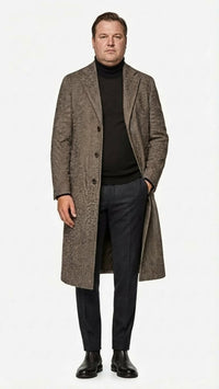 Men’s Black & Grey Herringbone Tweed Wool Blend Overcoat – Classic Single-Breasted Winter Blazer Carcoat