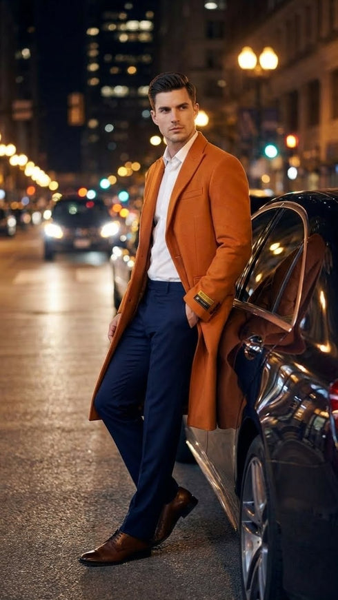Men’s Orange - Rust Wool Blend Long Overcoat – Topcoat Carcoat Topcoat