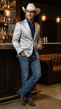 Mens Shiny Silver Cowboy Blazer – Western Style Satin Finish Blazer for Party, Country Events and Evening Wear
