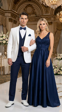 Men’s White and Navy blue tuxedo 3 Piece Suit – Classic White Blazer with Navy Vest and Pants for Wedding, Party + Bowtie