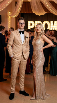 Men’s Champagne Gold Paisley Prom Tuxedo, Formal Dinner Suit for Prom, Weddings, Parties in Tan Color