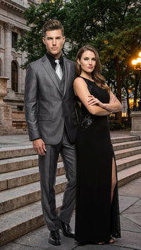 Mens Charcoal Gray Suit With Sheen - | Shiny Texture Fabric Three Piece Wedding and Party Business