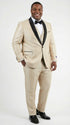Men’s Champagne Beige Shiny Tuxedo 3 Piece Suit with Black Shawl Lapel | Formal Wedding Prom Suit Set in Sand Light Tan Color