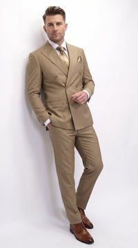 Men’s Statement Brand Caramel Khaki Double Breasted Wool Suit, Designer Formal Business Suit Set Wool Suit in Camel Color