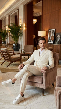 Men’s Ivory Cream Double-Breasted Linen Suit – Off-White Summer Wedding Slim Fitted 2-Piece Suit Cream Color
