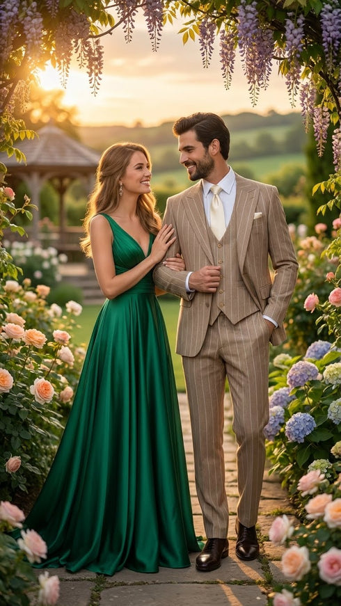 Men's Beige Pinstripe Three-Piece Vested Suit – Tailored Fit Business Attire in Tan Stripe by Rossiman