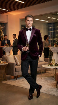 Mens Plum Eggplant Velvet Blazer Jacket – Luxury Velvet Dinner Jacket for Wedding, Tuxedo Events, Formal Parties in Burgundy Color