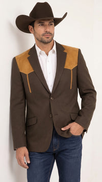 Men’s Chocolate Brown Western Blazer – Cowboy Sport Coat with Tan Suede Yoke for Rodeo & Country Wear