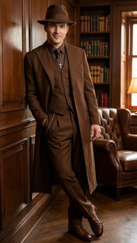 Men’s Brown 1920s Zoot Suit – Long Gangster Mafia Suit Vintage Three-Piece Costume Set Pachuco Style