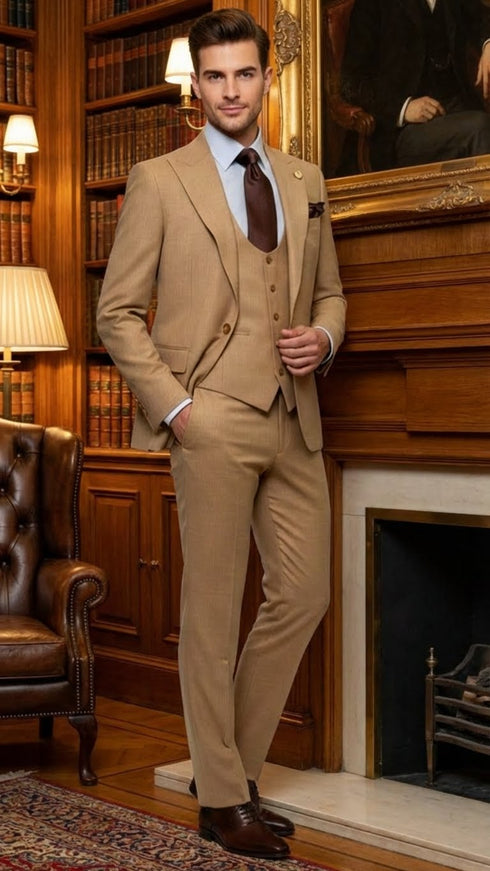 Men's Tan Three-Piece Suit with Vest – Classic Tailored Fit in camel khaki Bronze color By Rossiman