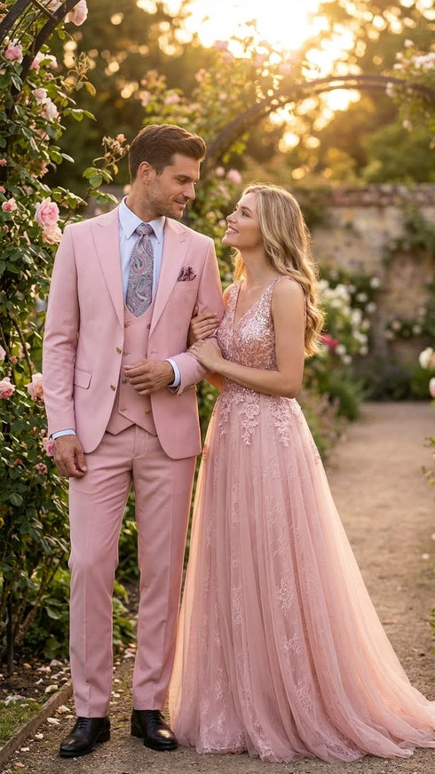 Men’s Blush Pink and Gold Three-Piece Suit – Tailored Fit Formal Wedding, Vested Suit By Rossiman