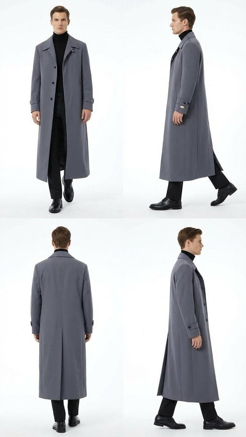 Men’s Full-Length Charcoal Grey Overcoat – Premium Microfiber Blend Long Dress Coat for Winter and Formal Wear in Gray Color