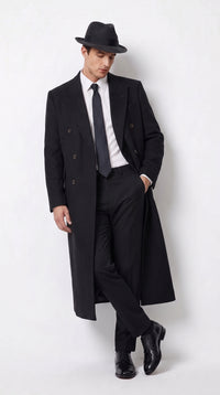 Men’s Godfather Black Double-Breasted Long Overcoat – Vintage Mobster Gangster Coat