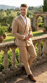Vitali Brand Men’s Beige Double Breasted Suit – Classic Wedding, Prom & Party Wear Formal Outfit Khaki Camel Color