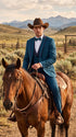 Men’s Teal Blue Western Tuxedo Suit, 3 Piece Cowboy Formal Wedding Prom Suit with Black Shawl Lapel Saphire
