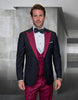 Statement Men's Black Vested With Burgundy Peak Lapel 100% Wool Tuxedo