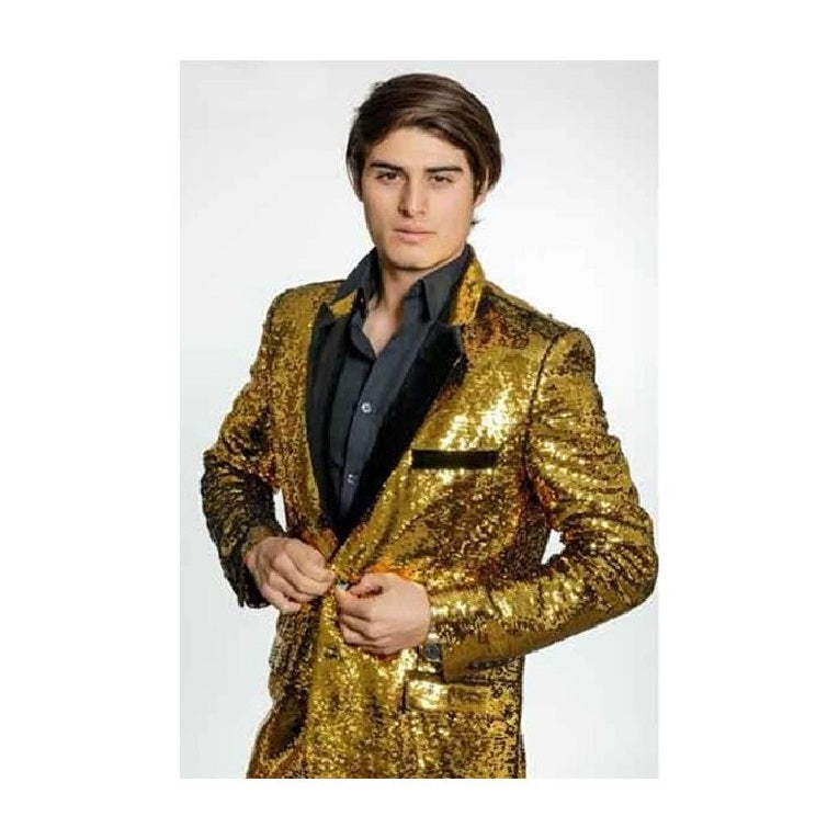 Alberto Nardoni Shiny Gold Black Lapel Paisley Look Fashion Tuxedo Sport Coat Jacket
