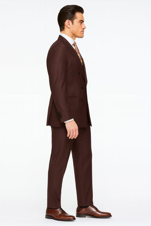 Double Breasted Suits - Vested Suits Wool Fabric - Apolo King Brand - Solid Brown Suit