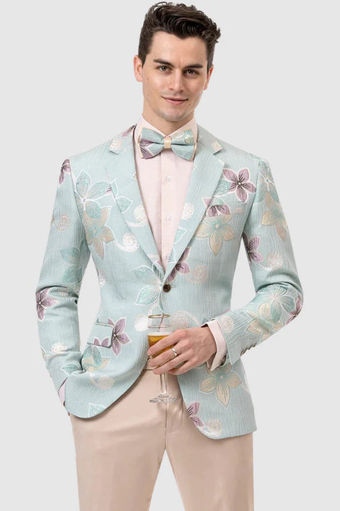 Mens One Button Fashion Flower Print Aqua Modern Teal Blue Blazer