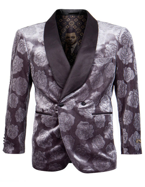 Mens Gray Tuxedo - Grey Wedding Suit-Mens Double Brested Floral Rose Print Velvet Smokin Jacket In Grey
