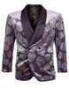 Mens Gray Tuxedo - Grey Wedding Suit-Mens Double Brested Floral Rose Print Velvet Smokin Jacket In Grey