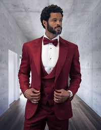 Statement Men'S Burgundy Patterned Vested Tuxedo With Bow Tie