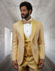 Men's Gold Floral Brocade Three-Piece Suit with Vest and Bow Tie