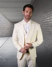 Mens One Button Peak Lapel Paisley Tuxedo in Ivory