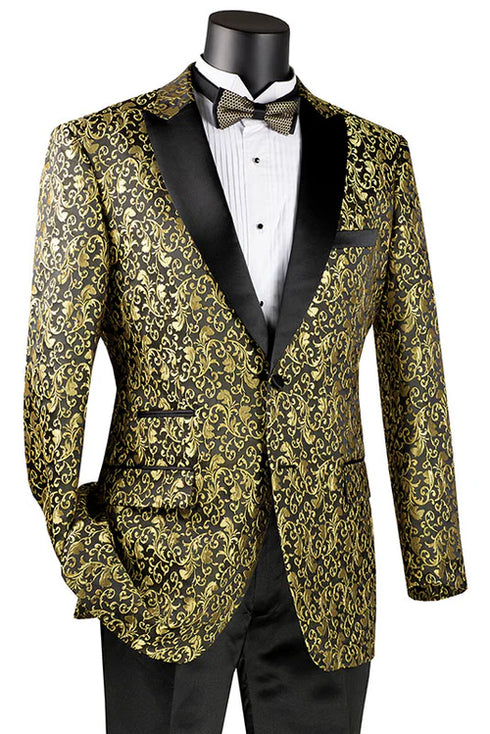 Gold Regular Fit Floral Pattern Jacket Peak Lapel