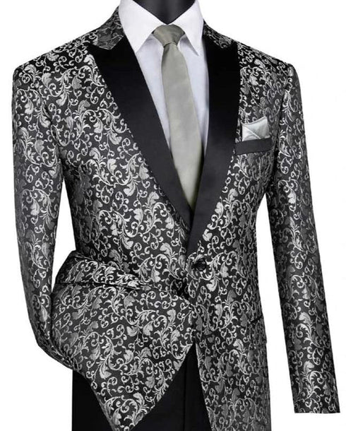 Silver Regular Fit Floral Pattern Jacket Peak Lapel