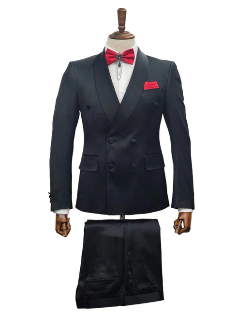 Double Breasted Tuxedo Suit - Slim fitted Suit - Black Suit - Shawl Collar