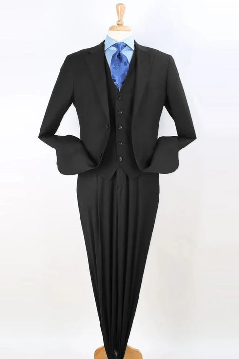 Mens Two Button Pleated Pant Classic Fit Vested Black Suit