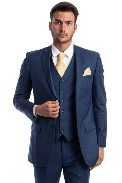 Men's Vested Two Button Solid Color Wedding & Business Suit In Indigo Blue