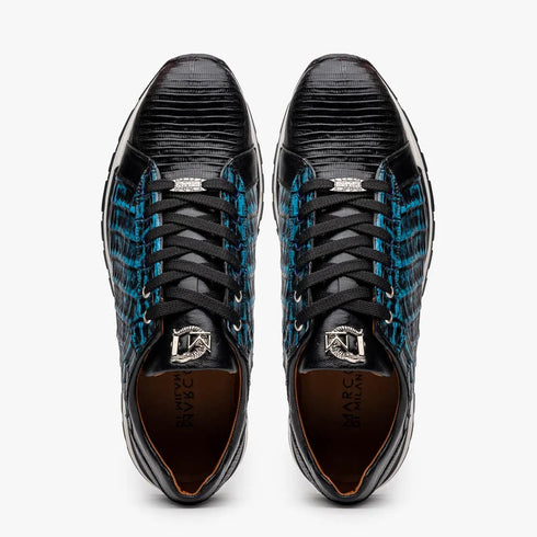 Marco Di Milano Portici Men's Shoes Blue & Black Exotic Lizard / Crocodile Casual Sneakers