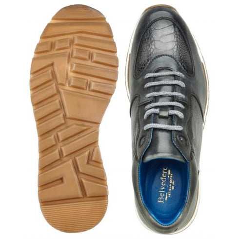Belvedere Bobo Antique Light Gray Genuine Ostrich Leg Soft Calfskin Casual Sneakers