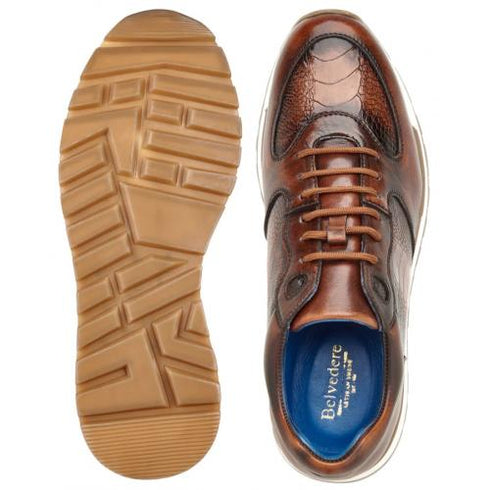Belvedere Bobo Antique Walnut Genuine Ostrich Leg Soft Calfskin Casual Sneakers