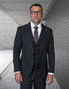 Mens Classic Fit Pleated Pant Wide Peak Lapel Wool Suit with Double Breasted Vest in Grey Pinstripe