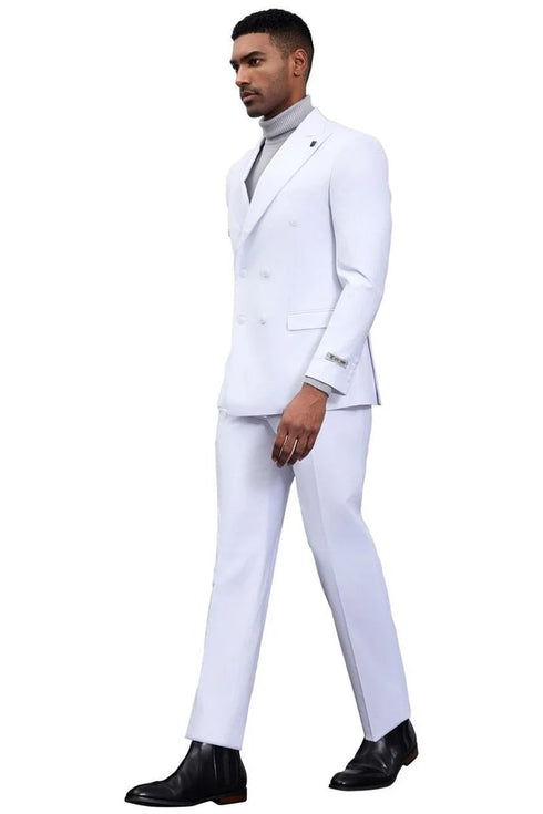 White Wedding Suit For Men - Perfect For Groom - Men's Designer Stacy Adams Classic Double Breasted Suit In White