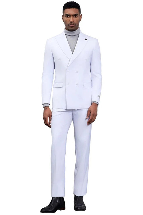 White Wedding Suit For Men - Perfect For Groom - Men's Designer Stacy Adams Classic Double Breasted Suit In White