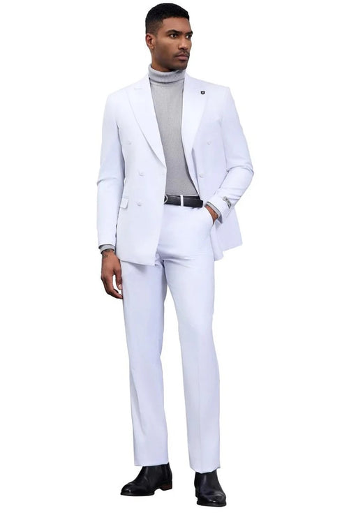 White Wedding Suit For Men - Perfect For Groom - Men's Designer Stacy Adams Classic Double Breasted Suit In White