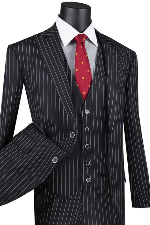 Mens Vested Bold Gangster Pinstripe Black Suit