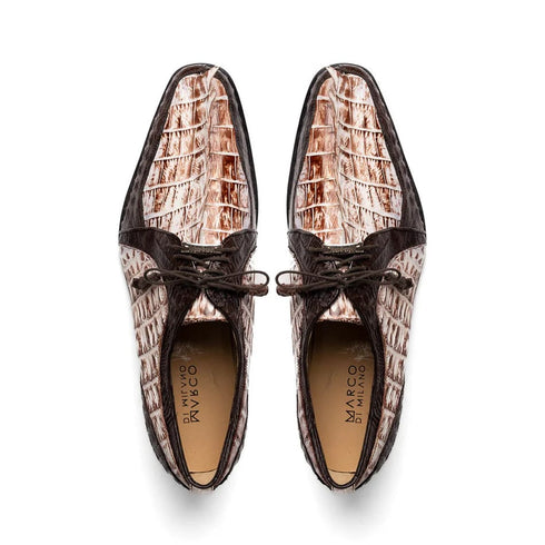 Marco Di Milano Caribe Men's Shoes Rustic White & Brown Genuine Hornback Caiman Crocodile Dress Derby Oxfords