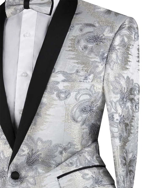 Silver Embroidery Slim Fit Jacket Shawl Lapel with Bow Tie