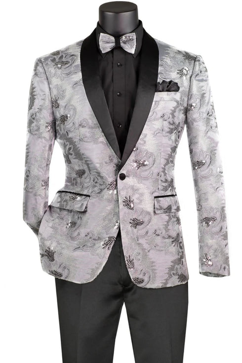Silver Embroidery Slim Fit Jacket Shawl Lapel with Bow Tie