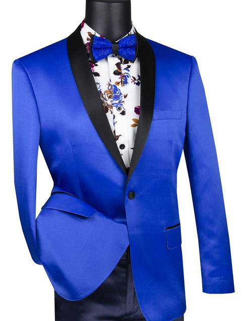 Royal Blue Slim Fit Blazer Stretch Sateen 1 Button With Narrow Shawl Lapel