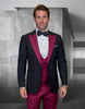 Statement Men's Black Vested with Burgundy Lapel 100% Wool Tuxedo