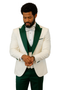 Hilton White and Hunter Green Paisley Peak Lapel Tuxedo Jacket with Matching Shawl Vest and Wool Pants – Includes Bow Tie
