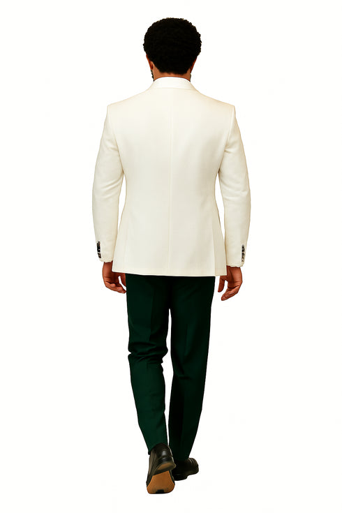 Hilton White and Black Paisley Peak Lapel Tuxedo Jacket with Matching Shawl Vest and Wool Pants – Includes Bow Tie