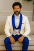 Hilton White and Royal Blue Paisley Peak Lapel Tuxedo Jacket with Matching Shawl Vest and Wool Pants – Includes Bow Tie